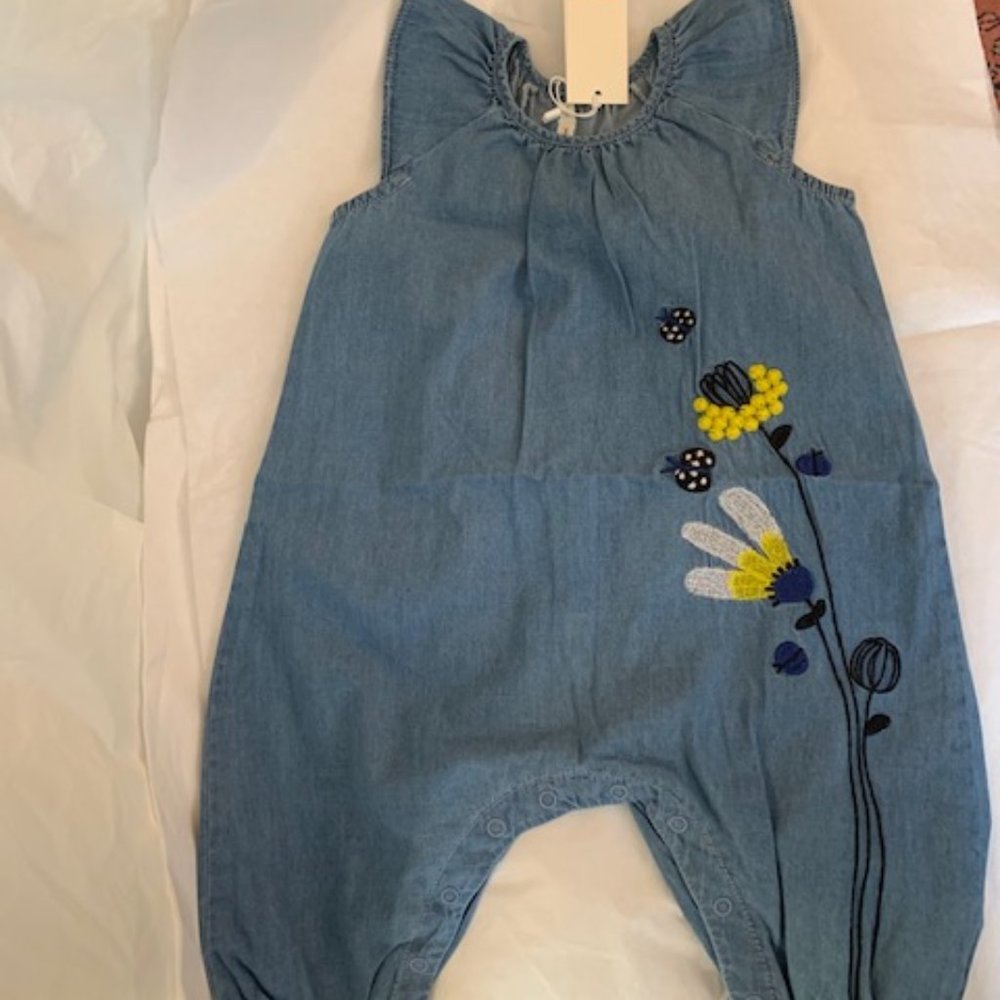 Baby light denim jumpsuit with embroidered flowers